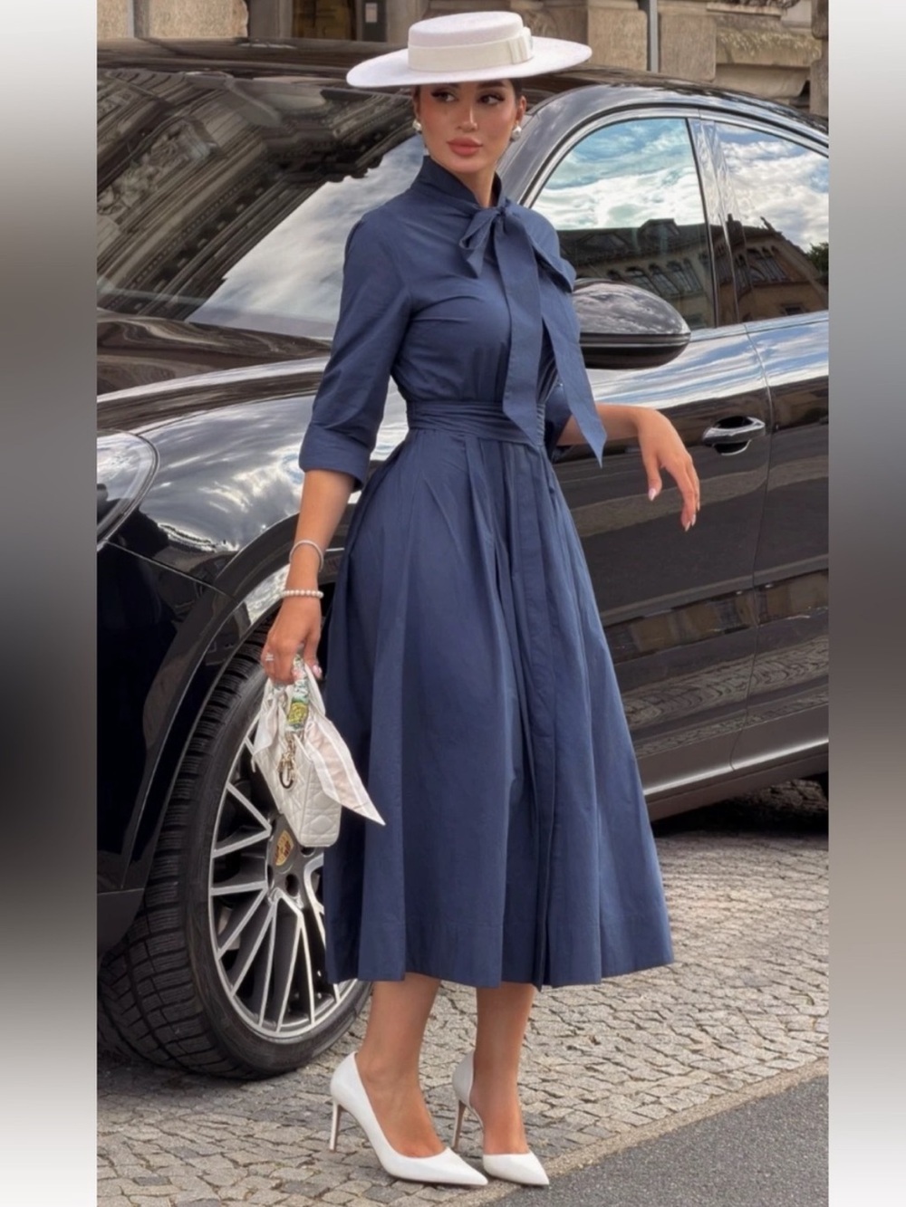 Zara Navy Tie-Bow Midi Dress